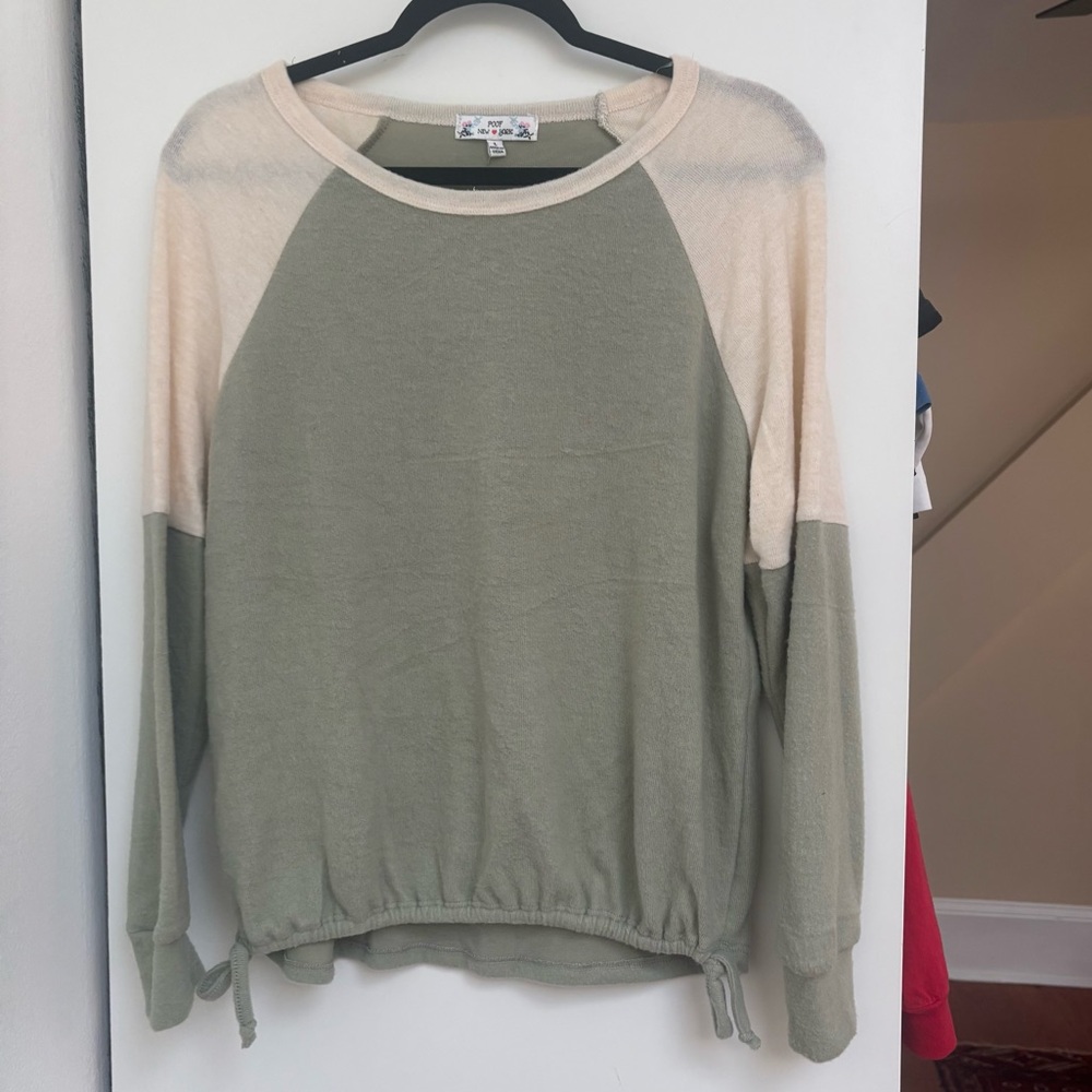 Poof! Green and Cream Crew Neck Sweater with Color-Block Design